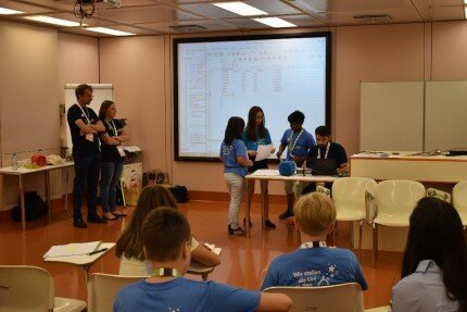 A group of children discuss statistics at the Kinder Uni event